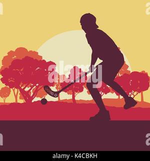 Joueur de floorball en parc avec bâton de hockey et ballon dans le coucher du soleil et à l'avant d'arbres fond vecteur Illustration de Vecteur