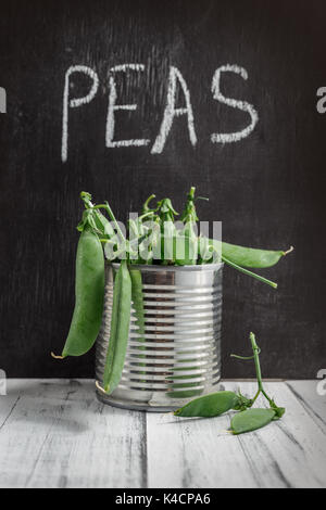 Les pois verts en métal peuvent plus de craie noire, le mot écrit sur le tableau noir pois Banque D'Images