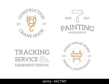 Jeu de construction, vintage retro crochet de grue, pelle, rouleau à peinture, clôture logo ou insignes, emblèmes, étiquettes et d'écussons et d'autres objets de marque. Style ligne vectorielle Illustration de Vecteur