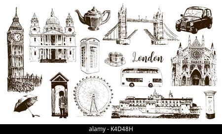 Symboles de Londres : Big Ben, Tower Bridge, bus, guardsman, boite mail, call box. st. Paul cathedral, thé, parapluie, Westminster. Illustration de Vecteur