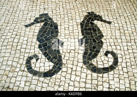 Hippocampes représentés dans la traditionnelle calçada à portuguesa. Aveiro, Portugal Banque D'Images