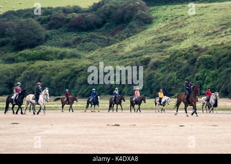 Estuaire gannel - promenades à cheval le long du lit de la rivière exposés à marée basse sur le fleuve gannel à newquay, Cornwall. Banque D'Images