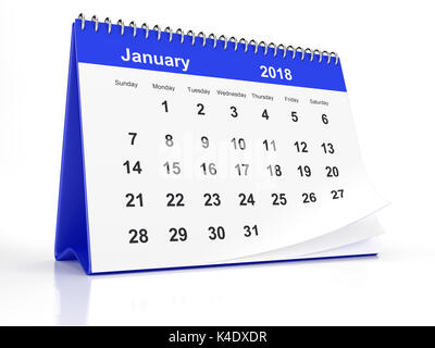 Janvier 2018 page d'un calendrier de bureau encadrées en plastique bleu sur fond blanc. Le rendu 3d. Banque D'Images