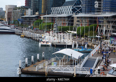 Bâtiments gratte-ciel le long de Darling Harbour avant l'eau à l'arrêt de Ferry de l'Aquarium de Sydney Sydney, Australie Banque D'Images