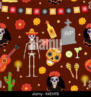 Le Jour des Morts au Mexique vacances modèle transparent avec des crânes de sucre. L'arrière-plan sans fin squelette. Dia de muertos en répétant la texture. Vector illustration. Illustration de Vecteur