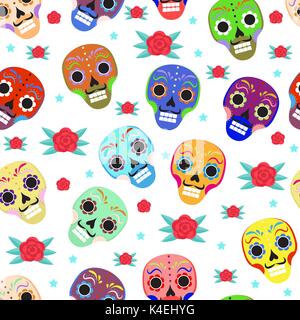 Le Jour des Morts au Mexique vacances modèle transparent avec des crânes de sucre. L'arrière-plan sans fin squelette. Dia de muertos en répétant la texture. Vector illustration. Illustration de Vecteur