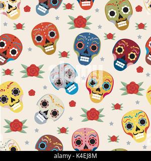 Le Jour des Morts au Mexique vacances modèle transparent avec des crânes de sucre. L'arrière-plan sans fin squelette. Dia de muertos en répétant la texture. Vector illustration. Illustration de Vecteur