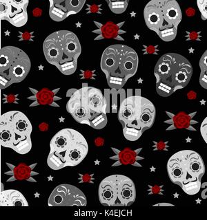 Le Jour des Morts au Mexique vacances modèle transparent avec des crânes de sucre. L'arrière-plan sans fin squelette. Dia de muertos en répétant la texture. Vector illustration. Illustration de Vecteur