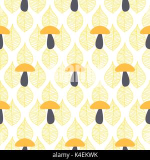 Mignon champignon vecteur seamless pattern. Automne feuilles cartoon jaune et orange texture. Illustration de Vecteur