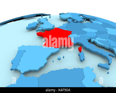 Carte de France en rouge sur bleu globe politique. 3D illustration. Banque D'Images