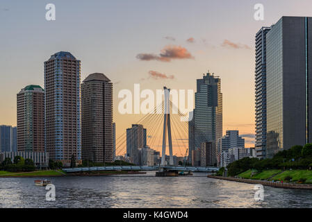 Coucher du soleil sur la rivière Sumida à Tokyo, Japon. Banque D'Images