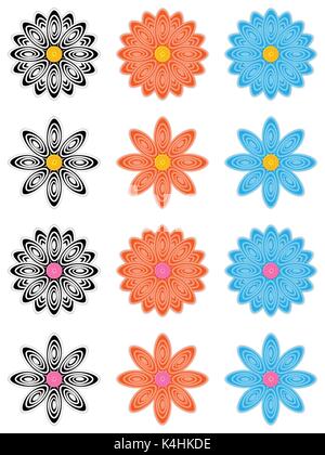 Abstract flower isolés, pétale avec curl, noir-blanc orange bleu clair, fleur vecteur Illustration de Vecteur