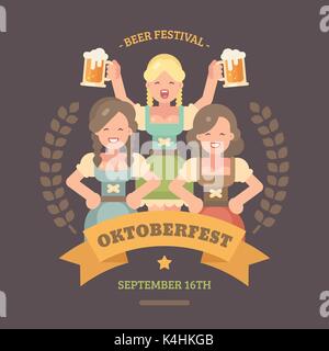 Télévision Oktoberfest illustration bannière. Trois femmes de la bière dans des robes dirndl. Fille blonde tenant deux bières. L'affiche de la fête de la bière Illustration de Vecteur