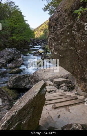 Sentier rocheux à côté de la rivière dans le col de aber-glaslyn beddgelert près de dans le nord du Pays de Galles. Banque D'Images