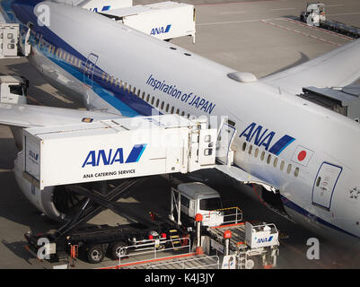 Service de restauration de l'ana ana loading pour Boeing 787 Dreamliner tablier à l'aéroport New Chitose, Hokkaido, Japon Banque D'Images