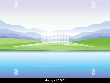 Paysage abstrait avec lac et montagne - vector illustration moderne. Belle vue panoramique avec vue sur le lac ou rivière, brouillard, collines, l'herbe verte, champ, Illustration de Vecteur