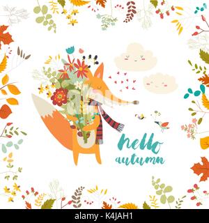 Belle carte d'automne avec un renard et de fleurs Illustration de Vecteur