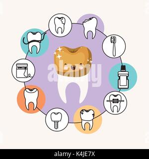 Kawaii caricature dent avec la couronne d'or avec les yeux et le bonheur clin d'expression avec châssis circulaire soins dentaires des icônes sur fond blanc Illustration de Vecteur