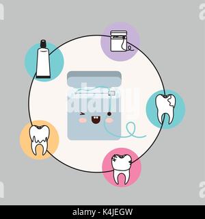 Boîte de soie dentaire kawaii avec bonheur l'expression avec châssis circulaire soins dentaires des icônes sur fond gris Illustration de Vecteur