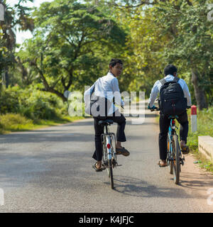 Vue arrière des deux garçons la bicyclette, Siem Reap, Cambodge Banque D'Images