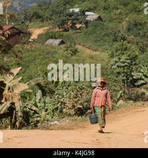 Woman carrying basket, ban houy phalam, Laos Banque D'Images