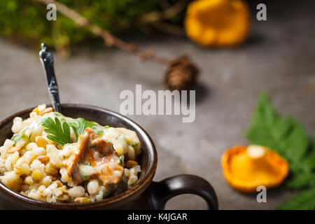 Jaune avec gruau sauce crème de champignons. Banque D'Images