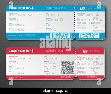 Airline Ticket d'embarquement ensemble d'éléments de découpe, isolé sur fond transparent. Vector illustration. Rouge et bleu carte vol passager avec QR Illustration de Vecteur