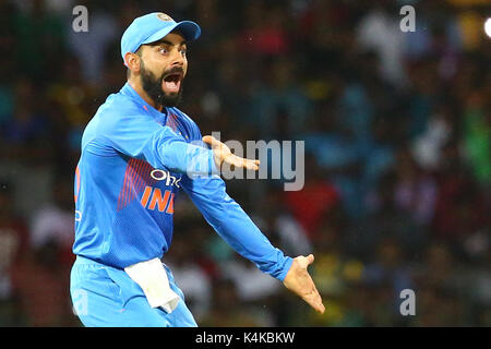 Colombo, Sri Lanka. 6rh, Sept 2017. Le capitaine de l'Inde Virat Kohli appel sans succès pour le guichet d'Ashan du Sri Lanka au cours de leur Priyanjan seulement vingt20 cricket dans R Premadasa International Cricket Stadium à Colombo, Sri Lanka, le mercredi, 6 septembre, 2017. Credit : Pradeep Dambarage/Alamy Live News Banque D'Images