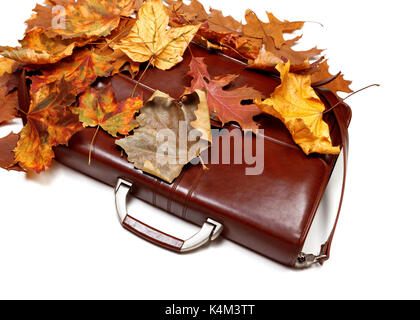 Porte-documents en cuir marron et en automne les feuilles sèches. isolé sur fond blanc. Banque D'Images