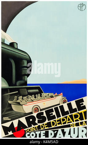 'Marseille, Point de départ de la Côte d'Azur" (Marseille, le point de départ de la Côte d'Azur) 1929 Tourisme Affiche présentant d' passagers profitant de la grande route des Alpes par l'automobile après son arrivée à Marseille par rail. Oeuvre de Roger Broders (1883-1953) pour Paris Lyon Mediteranée (Compagnie de chemin de fer PLM). Banque D'Images