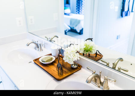 Libre d'une salle de bains moderne et son puits avec son comptoir blanc et miroir dans l'organisation d'accueil du modèle, de maison ou appartement Banque D'Images