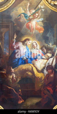 Vienne, Autriche - 30 juillet 2014 : la peinture de la mort de saint joseph sur l'autel latéral à l'église maria pfarkirche par Johann Michael Rottmayr hietzing Banque D'Images