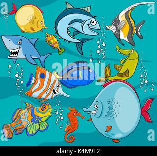 Illustrations de Funny Cartoon mer Poisson Animal Vie Groupe Caractères Illustration de Vecteur