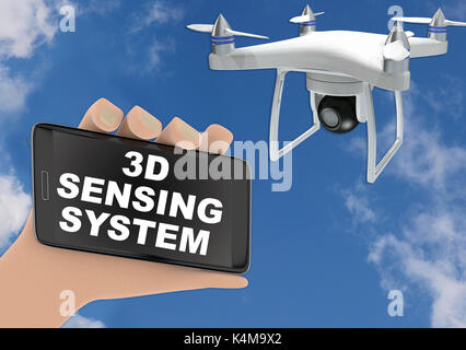 Rendu 3d illustration de drone, système de détection 3d concept concept - hand holding smartphone avec sening abonnez-affiché et quadrocopter en th Banque D'Images