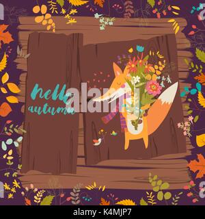 Belle carte d'automne avec un renard et de fleurs Illustration de Vecteur