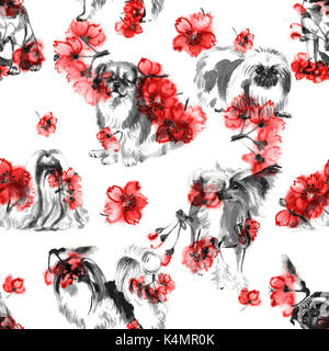 Motif transparente avec tour oriental chiens et fleur de cerisier, l'encre à la main, peinture sur fond blanc. zodiaque chinois. arrière-plan du dessin textile. Banque D'Images