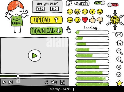 Collection d'éléments web doodle, boutons, icônes, smileys, lecteur vidéo, barre de chargement et d'erreur 404 Illustration de Vecteur