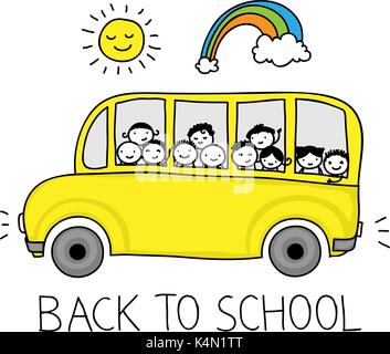 Le dessin enfantin d'un autobus scolaire pleine avec des enfants heureux. Doodle écrit de nouveau à l'école et souriant avec rainbow sun Illustration de Vecteur