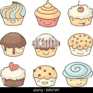 Smiling cupcakes muffins ou dessins enfantins collection. Chacun avec des expressions du visage. Illustration de Vecteur