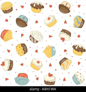 Avec motif transparent style kawaii souriants muffins sur un fond blanc avec des cœurs rouges et des points Illustration de Vecteur