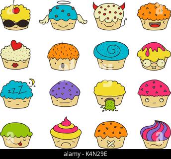 Kawaii colorée de muffin style collection émoticônes exprimant différentes émotions et sentiments. Illustration de Vecteur