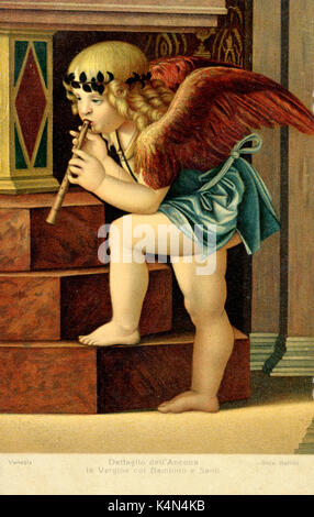 Putto jouant enregistreur en bois après peinture de Bellini (1428-1516) Banque D'Images