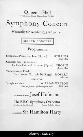 Sir William Walton, Programme de première exécution de terminer les travaux de la Symphonie no1 au Queen's Hall / Queens Hall, 6 novembre 1935 compositeur anglais (1902-1983) Banque D'Images