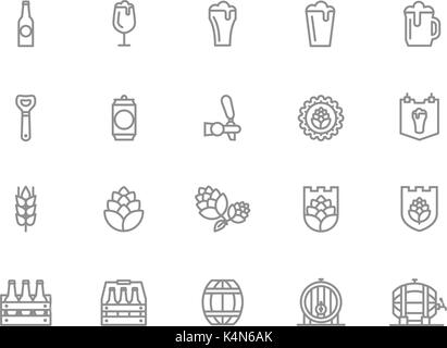 Vecteur de la bière et bar, pub line d'icônes. L'alcool, bouteille, tasse, l'orge, le houblon, le baril, l'ale, mousser, Keg, bécher, jar et plus encore. Avc. modifiable Illustration de Vecteur