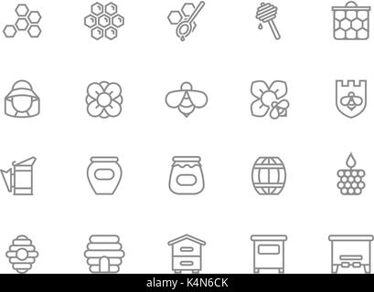 Ensemble d'icônes de ligne de miel de vecteur. Abeille, miel, baril, apiculteur, balancier, jar, fleur, le Beehive, pot, hexagone, abeille, cuillère et plus encore. Avc. modifiable Illustration de Vecteur