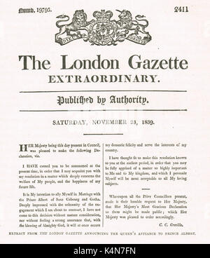 La reine Victoria et Prince Albert, annonce l'Engagement London Gazette, 23 Novembre 1839 Banque D'Images