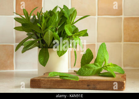 Branches de feuilles de menthe fraîches jardin dans un pot en céramique et également placé sur une petite planche en bois sur un comptoir de cuisine tourné en lumière naturelle. Banque D'Images