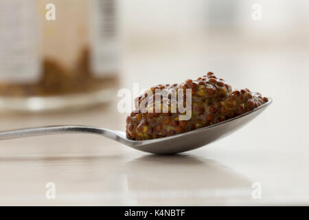 Comblé d'une cuillère à café de moutarde en grains entiers avec le pot de moutarde en verre faisant partie de l'arrière-plan flou. Tourné en lumière naturelle. Banque D'Images