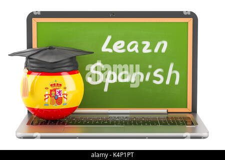 Apprendre l'espagnol concept avec tableau noir pour ordinateur portable et de graduation cap, rendu 3D Banque D'Images