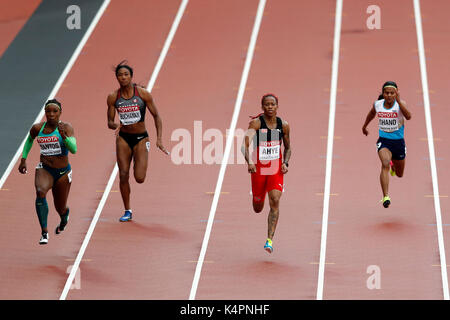 Dutee CHAND (Inde), Michelle-Lee AHYE (Trinité-et-Tobago), Leya BUCHANAN (Canada), Rosangela SANTOS (Brésil) qui se font concurrence dans la Women's 100m 5 à la chaleur, aux Championnats du monde IAAF 2017, Queen Elizabeth Olympic Park, Stratford, London, UK. Banque D'Images